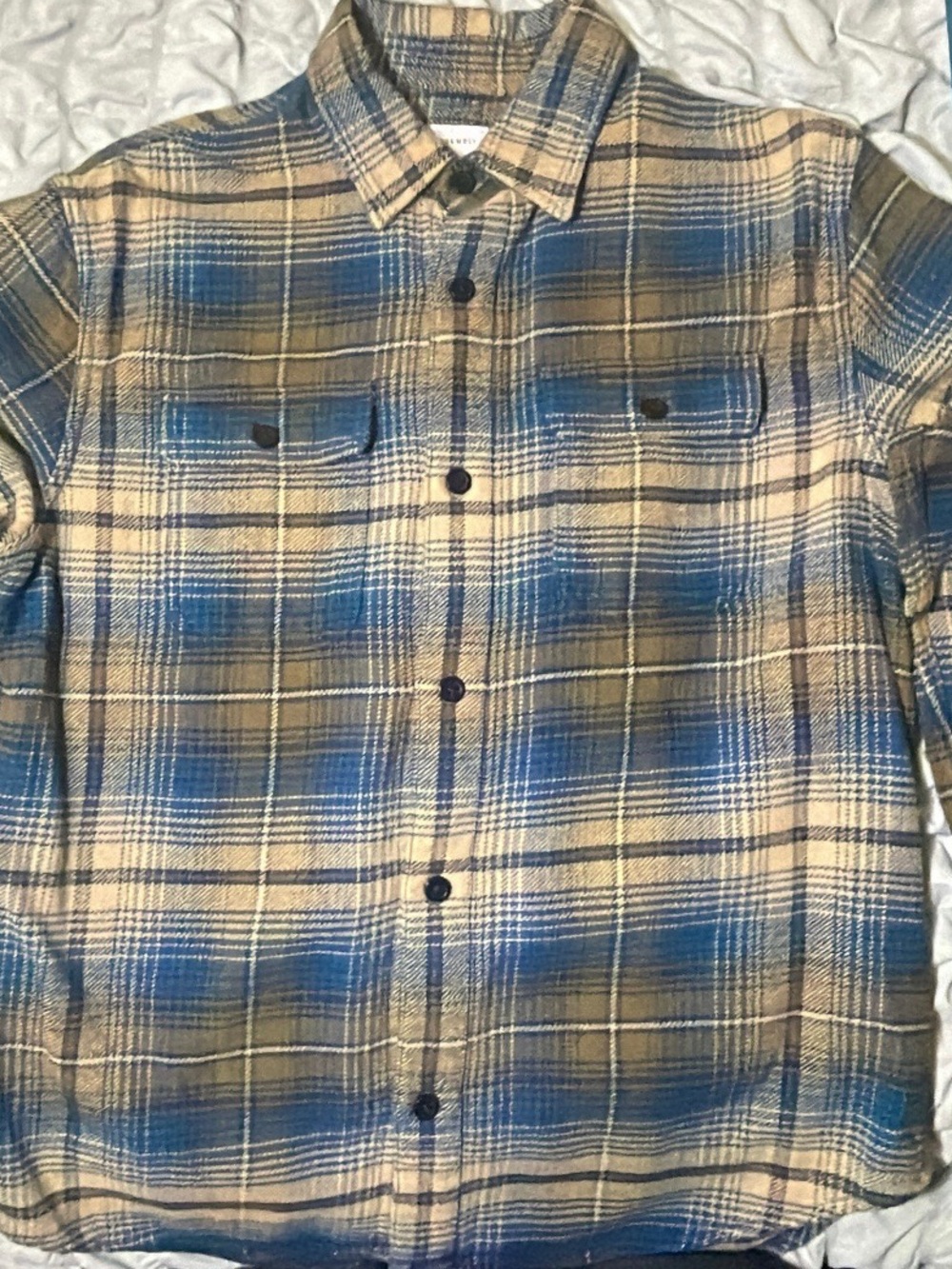 Men's Blue and Tan Plaid Casual Button-Down Shirt